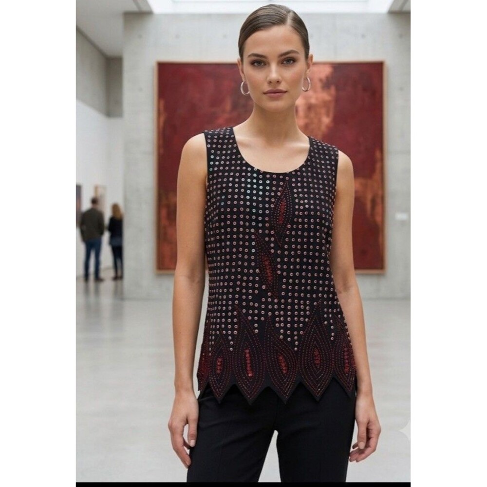 PROMISE COLLECTION Black Beaded Tank Top Sz 16 Vampy Y2K Sequin Flame Blouse 90s